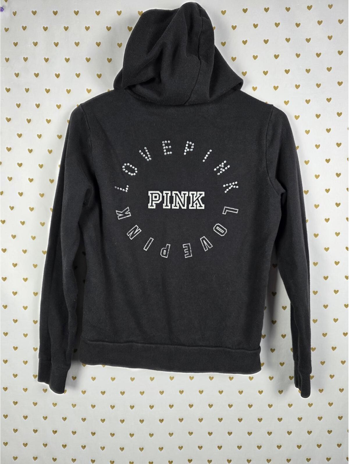Victorias Secret Pink Bling Full Zip Hoodie Jacket Black Rhinestone Logo Xs